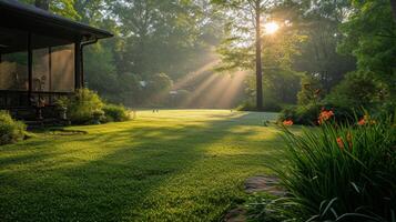 AI generated A serene Easter morning scene with a dew-covered garden, perfect for a peaceful reflection photo