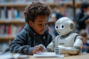 AI generated A robotic tutor helping a student with homework, making education accessible and engaging photo