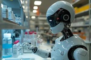 AI generated A robotic assistant aiding a scientist in a high-tech laboratory, advancing research and discovery photo