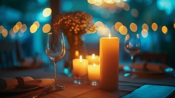 AI generated A soft-focus background with blurred lights, conveying the enchantment of a candlelit dinner photo