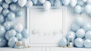 AI generated A tranquil backdrop featuring a simple frame and a ceiling adorned with elegant balloon bouquets photo