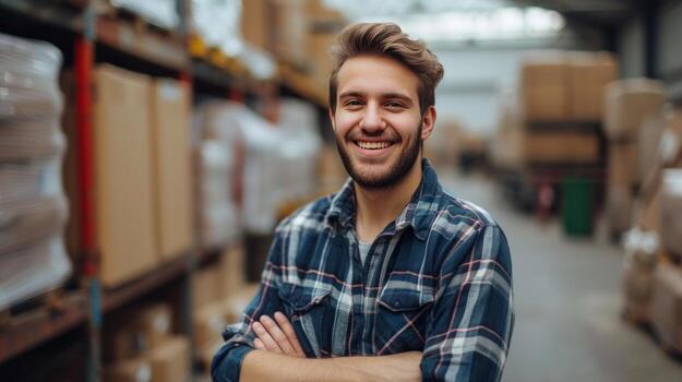 AI generated A young handsome loader stands and looks smiling at the camera photo