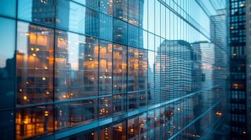 AI generated An abstract shot of a skyscraper's glass curtain wall, reflecting the city's ever-changing skyline photo