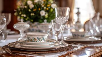 ai generado un elegante Pascua de Resurrección comida habitación, conjunto con multa porcelana, cristal cristalería, y elegante vajilla foto