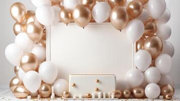 AI generated An elegant party display with a minimalist frame and clusters of metallic, helium-filled balloons photo