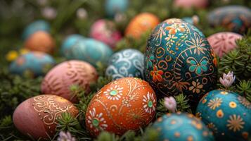 AI generated An enchanting Easter egg display showcasing intricate hand-painted designs and patterns photo