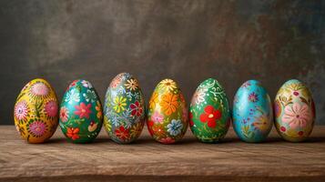 AI generated An enchanting Easter egg display showcasing intricate hand-painted designs and patterns photo