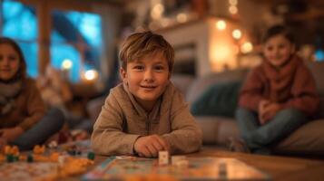 ai generado niños jugando tablero juegos, su caras iluminado arriba con alegría en el acogedor vivo habitación foto