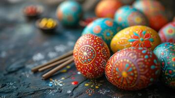 AI generated An enchanting Easter egg display showcasing intricate hand-painted designs and patterns photo