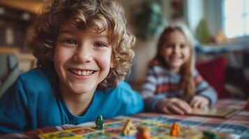 ai generado niños jugando tablero juegos, su caras iluminado arriba con alegría en el acogedor vivo habitación foto