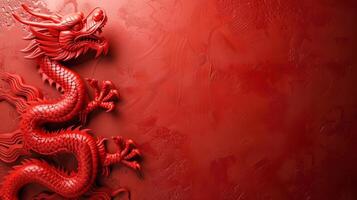 AI generated Beautiful red minimalistic background with Chinese red dragon on the left photo