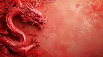 AI generated Beautiful red minimalistic background with Chinese red dragon on the left photo