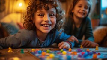 ai generado niños jugando tablero juegos, su caras iluminado arriba con alegría en el acogedor vivo habitación foto