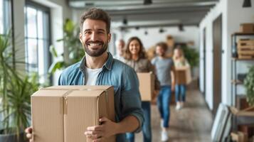 ai generado sonriente motores entregando pertenencias a un Encantado familia en su nuevo hogar, enfatizando fiabilidad foto