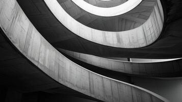 ai generado el dinámica geometría de un espiral estacionamiento garaje rampa, un único arquitectónico perspectiva foto