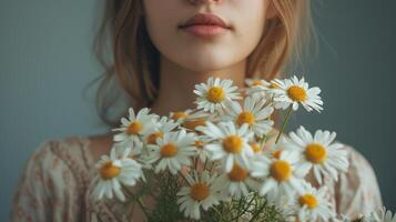 AI generated The allure of a lady with a bouquet of daisies, their simplicity complementing her grace photo