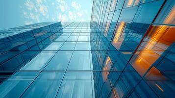 AI generated Urban architecture captured in abstract reflections on glass facades, a play of light and shadows photo