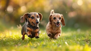 AI generated Two playful Dachshunds wrestling in lush grass, their tails wagging furiously photo