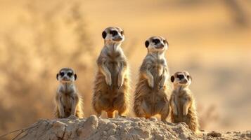 ai generado un familia de suricatas en pie centinela en el árido desiertos de África. foto