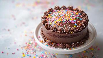 AI generated A delightful chocolate cake topped with vibrant rainbow sprinkles, set against a serene white backdrop photo