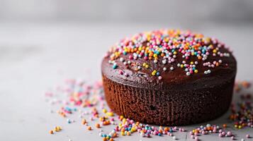 AI generated A delightful chocolate cake topped with vibrant rainbow sprinkles, set against a serene white backdrop photo