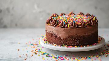 AI generated A delightful chocolate cake topped with vibrant rainbow sprinkles, set against a serene white backdrop photo