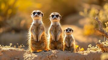 ai generado un familia de suricatas en pie centinela en el árido desiertos de África. foto