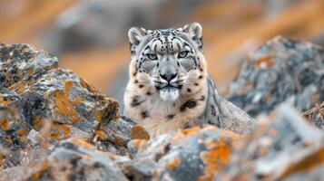 AI generated A fierce-looking snow leopard camouflaged among the rocky Himalayan terrain. photo