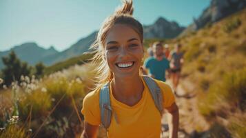 ai generado un animado Disparo de activo personas al aire libre, promoviendo Deportes bienes foto