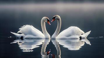 ai generado un par de cisnes deslizamiento tranquilamente a través de el como espejo superficie de un tranquilo lago foto