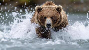 AI generated A magnificent grizzly bear catching salmon in a rushing Alaskan river, its powerful presence undeniable. photo