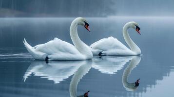 AI generated A pair of swans gliding serenely across the mirror-like surface of a tranquil lake photo