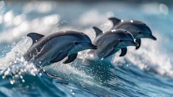 AI generated A playful family of dolphins leaping joyfully through the glistening waves of the ocean. photo