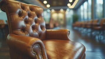 AI generated A professional meeting room with leather chairs, exemplifying corporate decision-making. photo