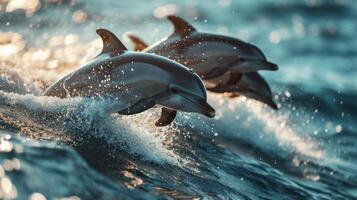 AI generated A playful family of dolphins leaping joyfully through the glistening waves of the ocean. photo