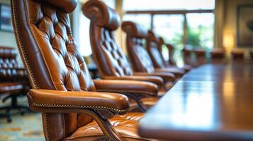 AI generated A professional meeting room with leather chairs, exemplifying corporate decision-making. photo