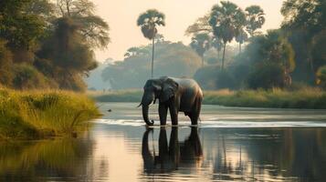 AI generated A serene elephant crossing a tranquil river, the reflection mirroring its massive grace photo