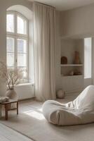 AI generated A serene, minimalist room with soft, neutral tones and uncluttered design photo