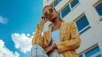 AI generated A stylish influencer posing in a designer ensemble, embodying modern elegance and confidence photo