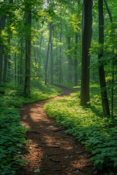 ai generado un tranquilo bosque camino con moteado luz de sol filtración mediante el sereno pabellón. foto