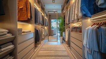 AI generated A stylish walk-in closet with organized shelving and a full-length mirror. photo