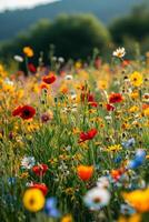 ai generado un tranquilo prado con flores silvestres balanceo suavemente en un calmante brisa foto