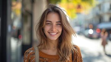AI generated An easygoing girl on the street, her friendly grin adding charm to her casual look photo