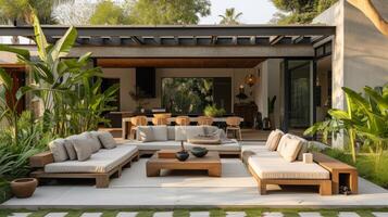 AI generated An inviting outdoor patio with contemporary furniture and lush greenery photo