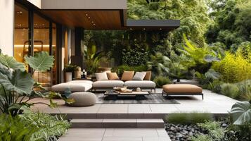 AI generated An inviting outdoor patio with contemporary furniture and lush greenery photo