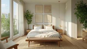 AI generated An airy bedroom featuring a platform bed, white linens, and a minimalistic gallery wall photo