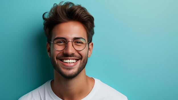 AI generated Description of a Young Man with a Bright Smile and Glasses Standing Alone Against a Turquoise Background photo