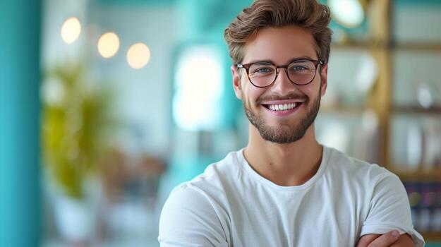 AI generated Description of a Young Man with a Bright Smile and Glasses Standing Alone Against a Turquoise Background photo
