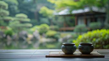 ai generado disfrutando un tradicional té ceremonia en un tranquilo japonés jardín. grande copyspace zona con Copiar espacio para texto, descentrado composición foto