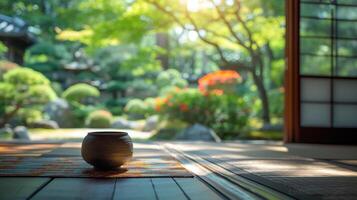 ai generado disfrutando un tradicional té ceremonia en un tranquilo japonés jardín. grande copyspace zona con Copiar espacio para texto, descentrado composición foto